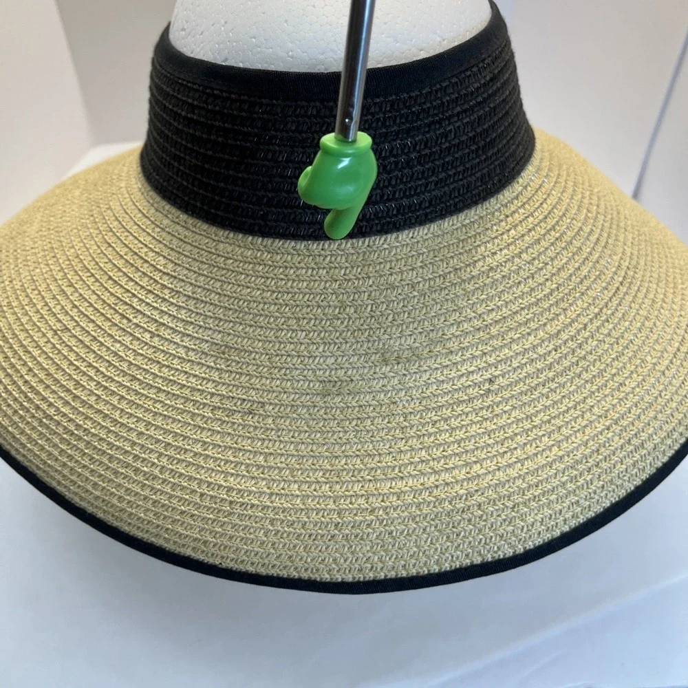 Magid Straw Visor Hat Black Trim Wide Brim Roll-Up Sun Hat w/ Bow‎ 100% Paper